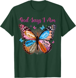 Butterfly Christian Bible Verse Women Girls God Says I Am T-Shirt - T-Shirt | Forest