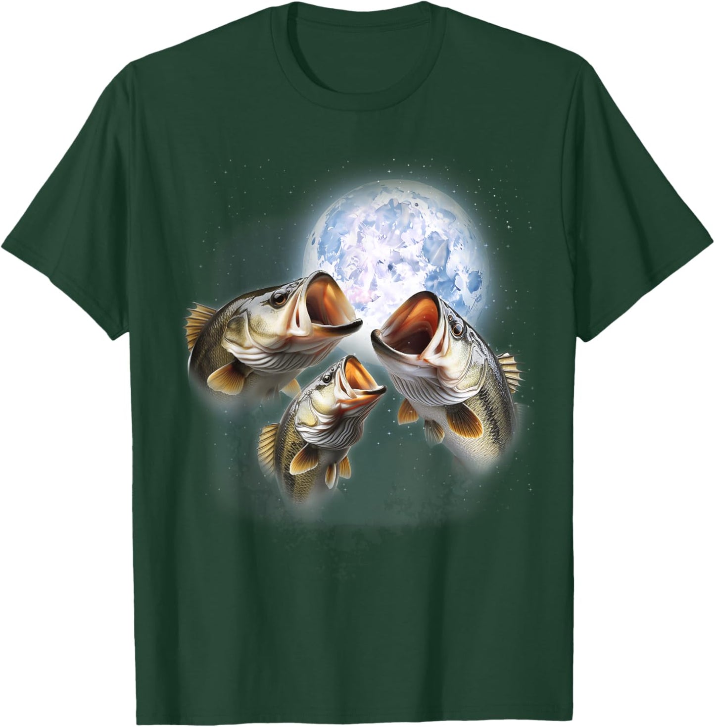 3 Bass Fish At The Moon Funny Bass Fishing Lover Fisherman T-Shirt - T-Shirt | Forest