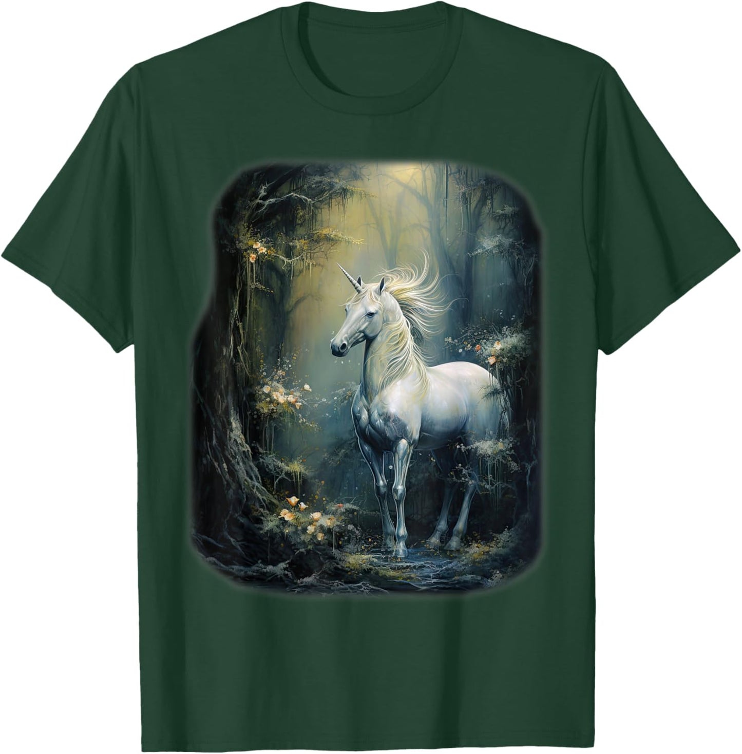 Fantasy white Unicorn standing in a Forest T-Shirt - T-Shirt | Forest