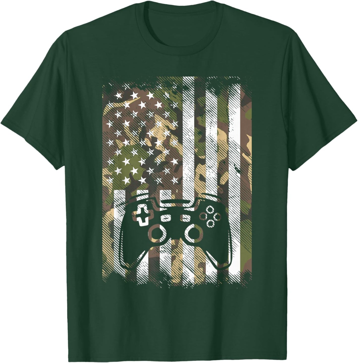 Camo US Flag Gamer Controller Patriotic Men Boys Kids Youth T-Shirt - T-Shirt | Forest