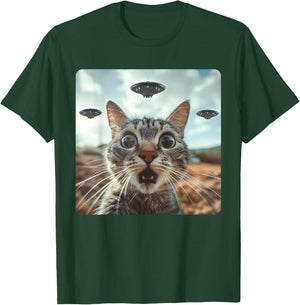 Extraterrestrial Encounter: Cat Selfie with Alien UFO T-Shirt - T-Shirt | Forest