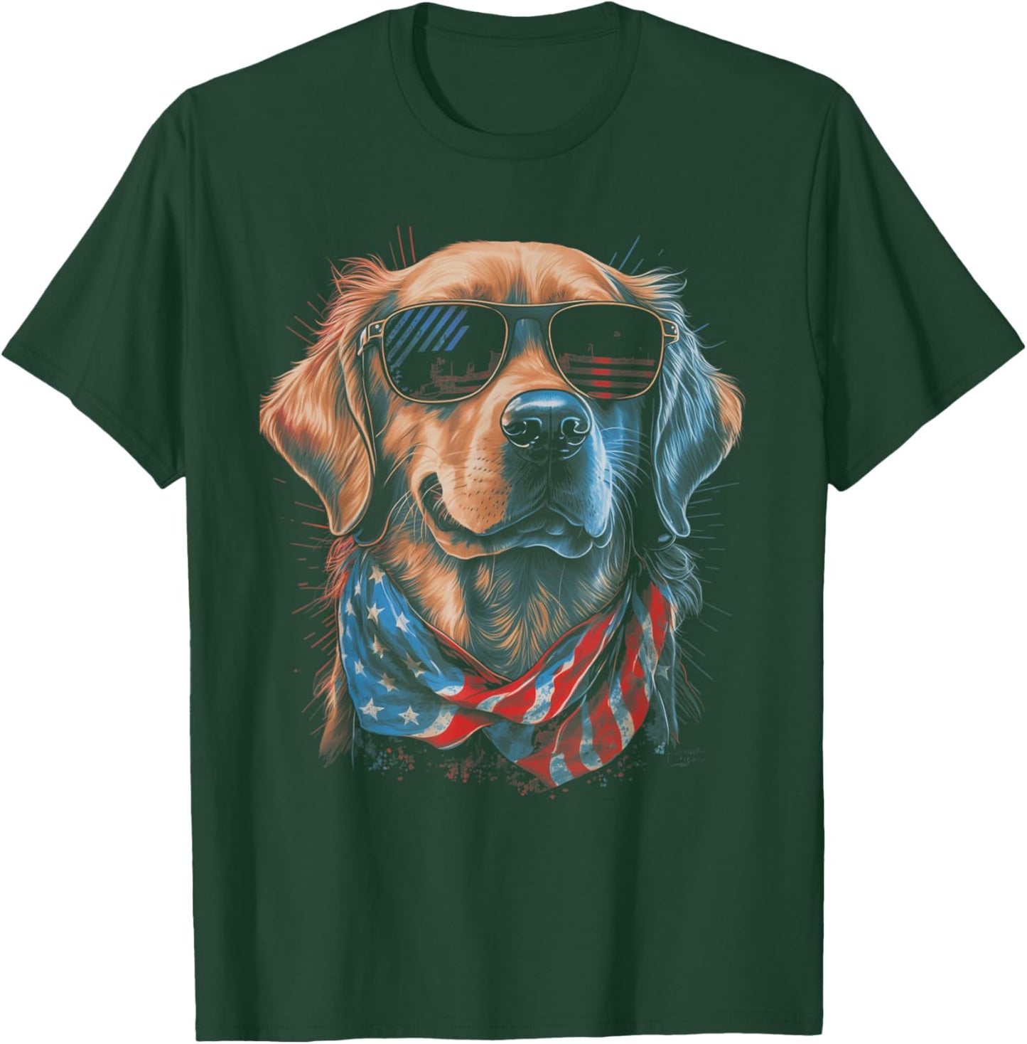 American Flag USA America 4th Of July Dog -Golden Retriever T-Shirt - T-Shirt | Forest