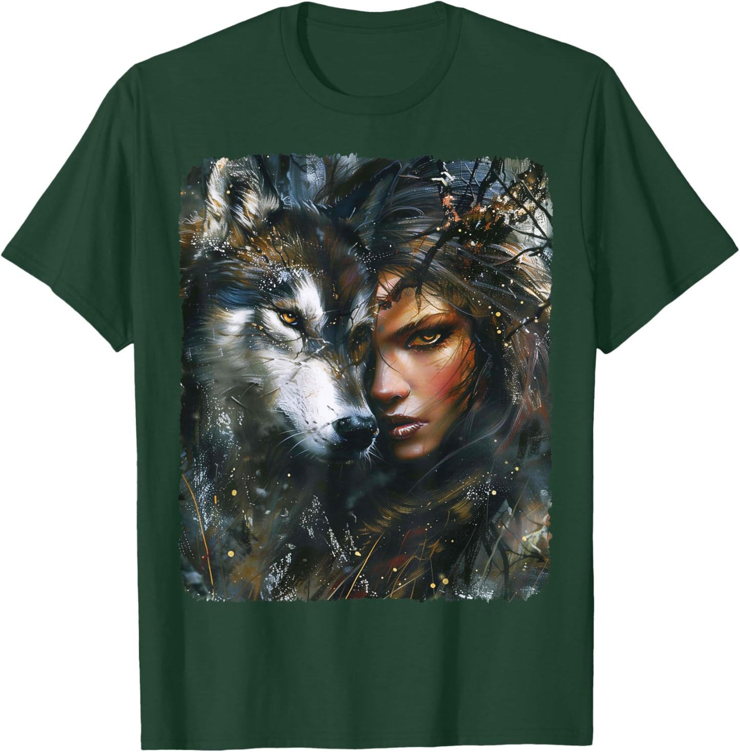Beautiful Painting of a Woman with her Wolf T-Shirt - T-Shirt | Forest