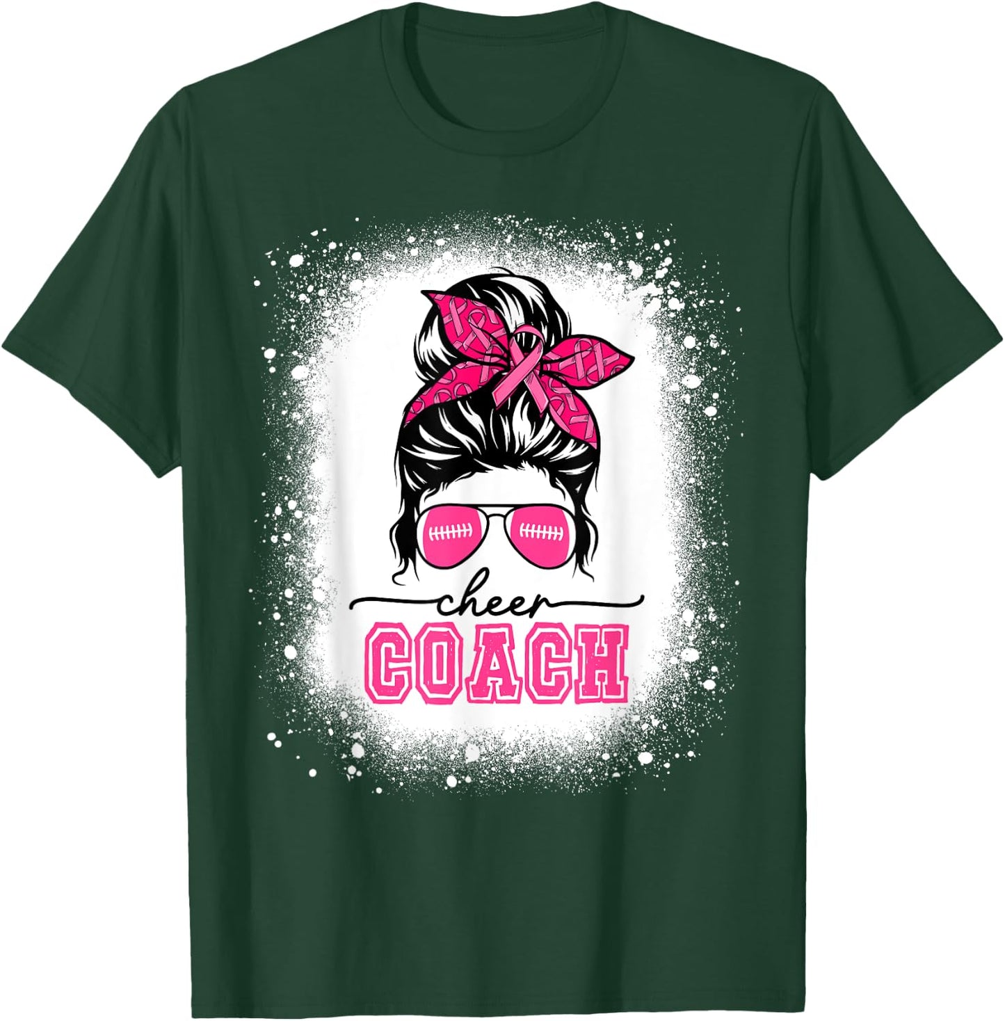 Football Messy Bun Mom Cheer Coach Breast Cancer Bleached T-Shirt - T-Shirt | Forest