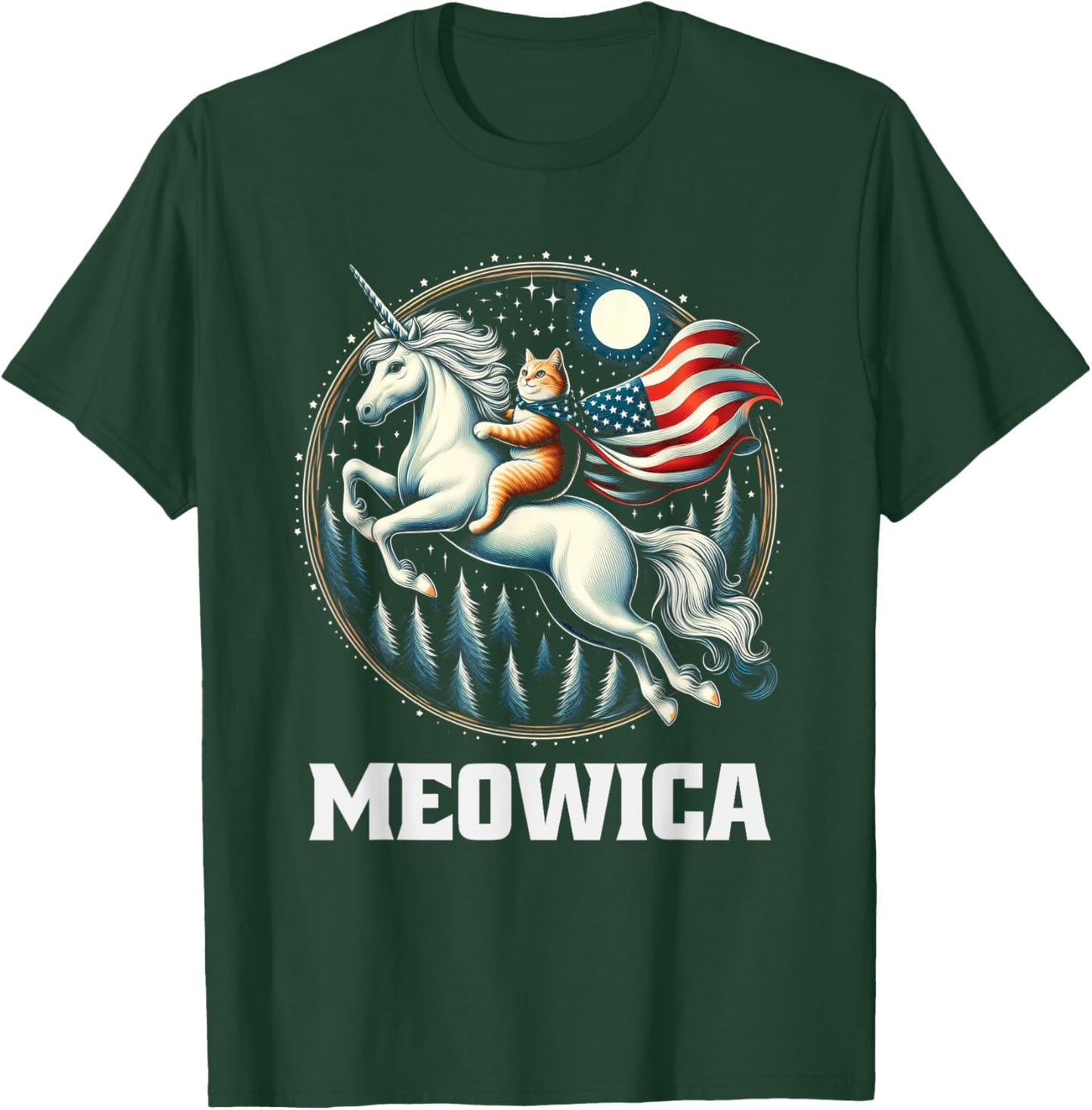 Meowica Cat Riding Unicorn USA Flag 4th Of July Patriotic T-Shirt - T-Shirt | Forest