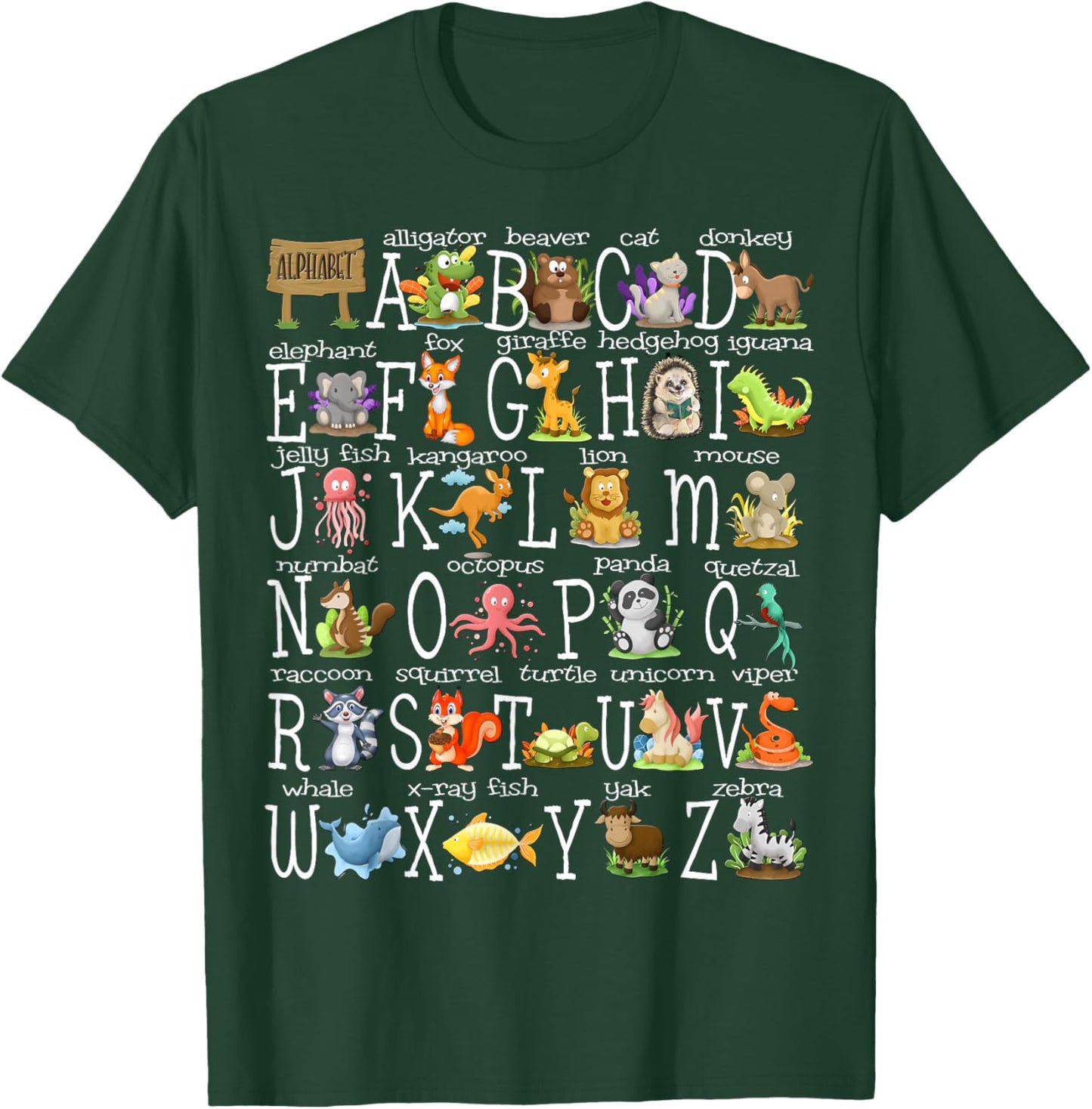 Back to School Kids Cute Animals A-Z Alphabet ABCs Teacher T-Shirt - T-Shirt | Forest