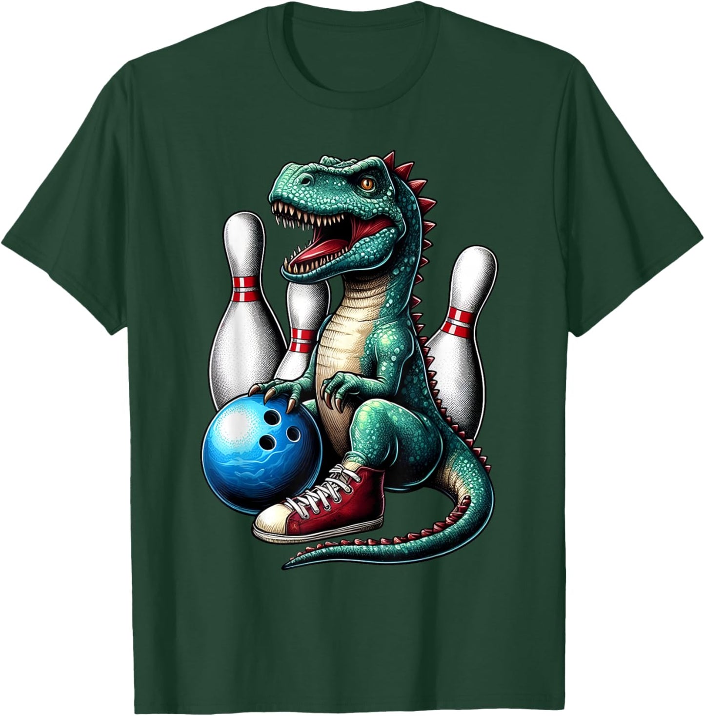 Dinosaur Bowling Ball Graphic Funny Dino Bowler Kids Adults T-Shirt - T-Shirt | Forest
