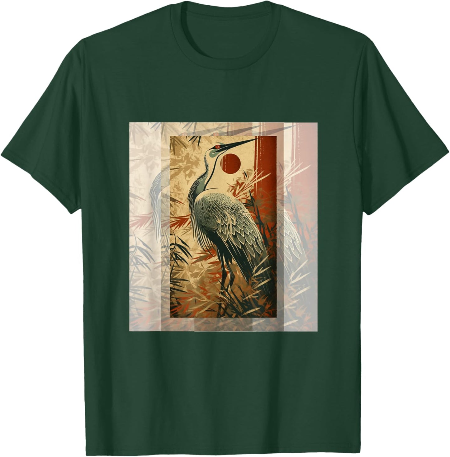 Vintage Japanese Fine Art Crane Bamboo and Iris Japan T-Shirt - T-Shirt | Forest