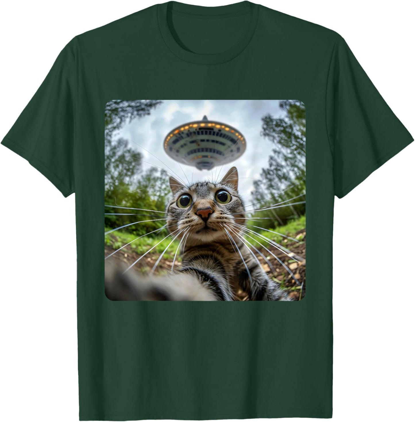 Extraterrestrial Encounter: Cat Selfie with Alien UFO Men Women Kids T-Shirt - T-Shirt | Forest