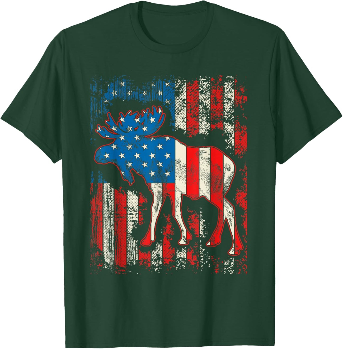 Moose USA American Flag 4th Of July Men Women Retro Vintage T-Shirt - T-Shirt | Forest
