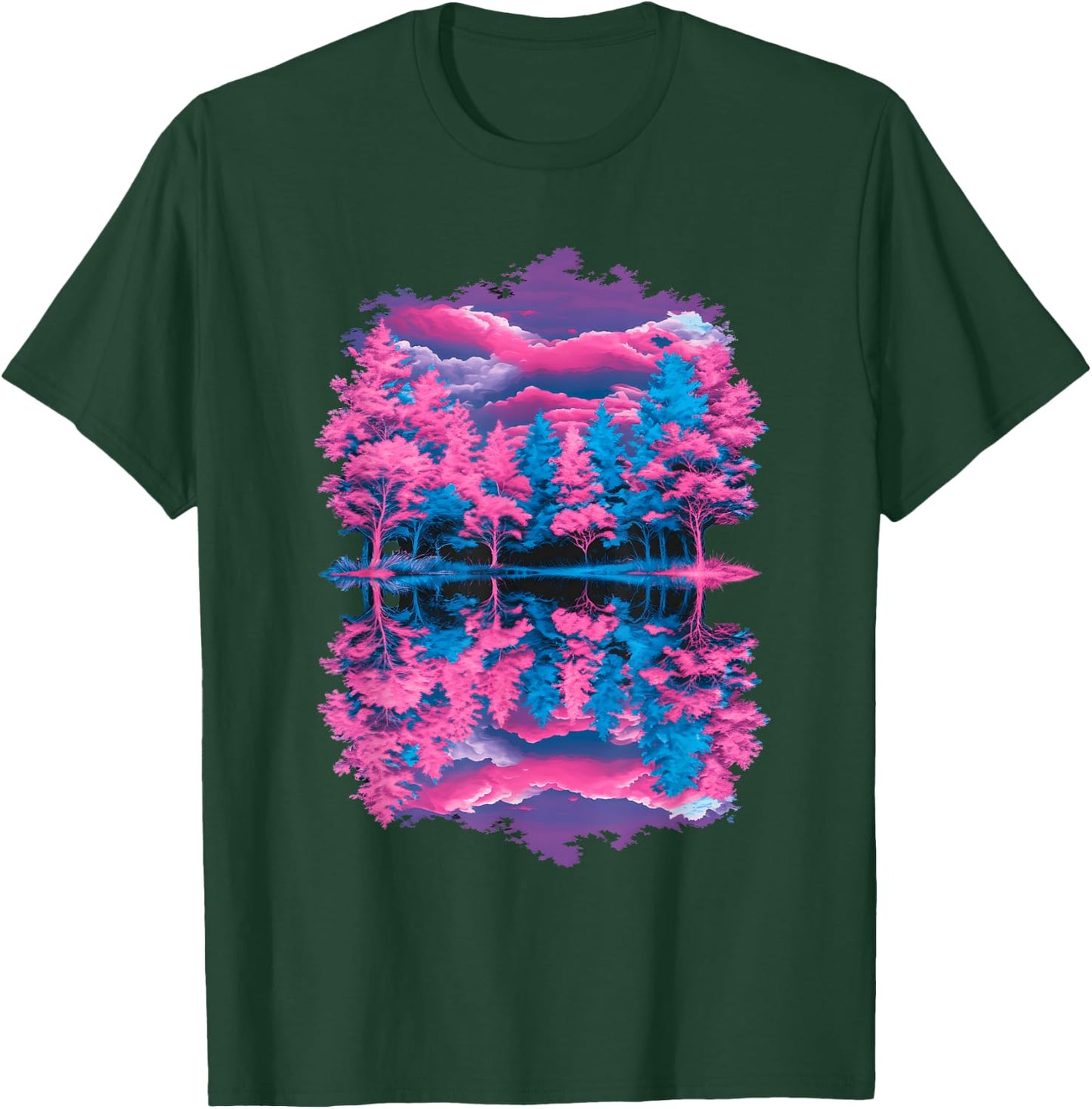 Pink Blue Vaporwave Retro Trees Reflection Serene Lake Art T-Shirt - T-Shirt | Forest