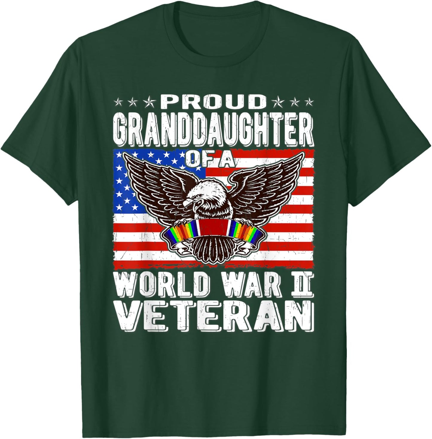 Proud Granddaughter Of A World War 2 Veteran WW2 Ribbon Gift Women Kids Men T-Shirt - T-Shirt | Forest