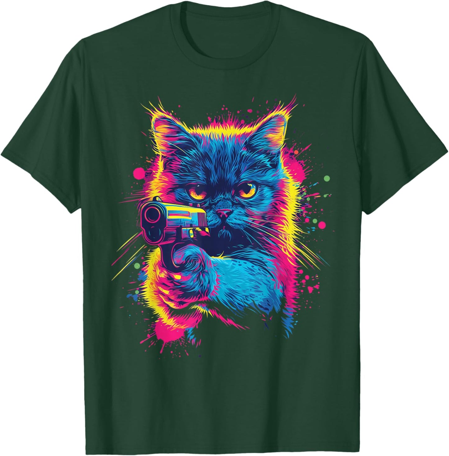 Dinosaurus Rekx Funny Cat With a Gun Graphic , Small, Black T-Shirt - T-Shirt | Forest