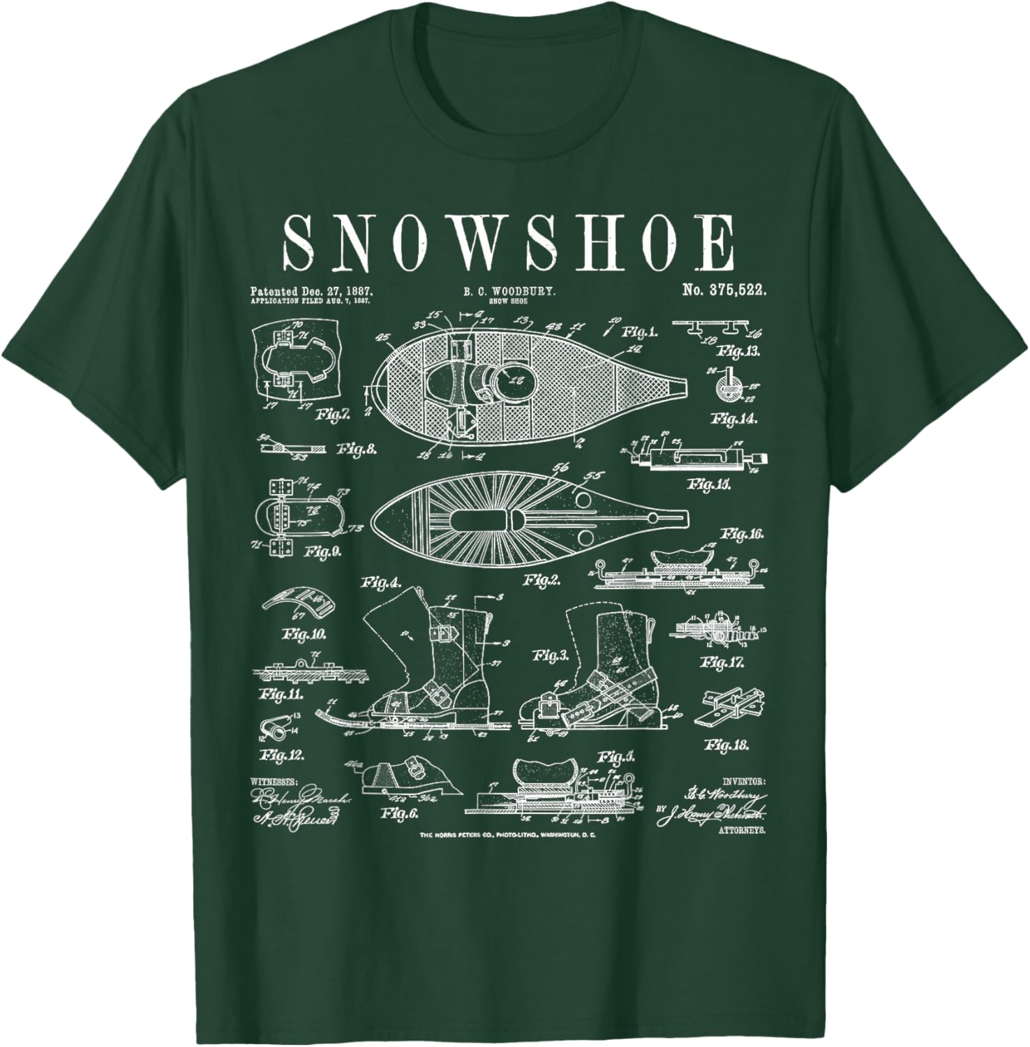 Snowshoe Snowshoeing Winter Hiking Vintage Patent Print T-Shirt - T-Shirt | Forest