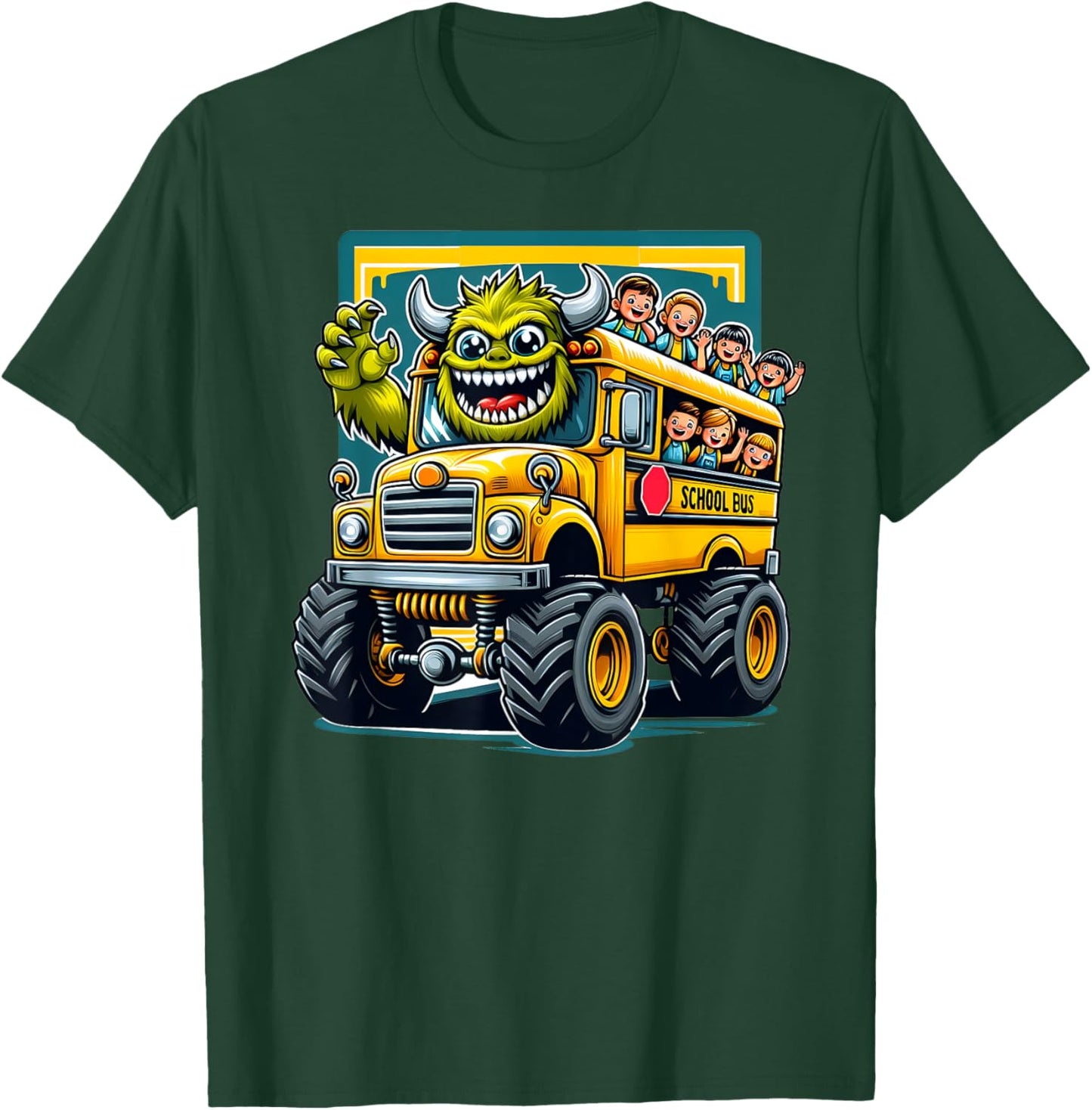 Monster Truck School Bus Illustration Funny Back To School T-Shirt - T-Shirt | Forest