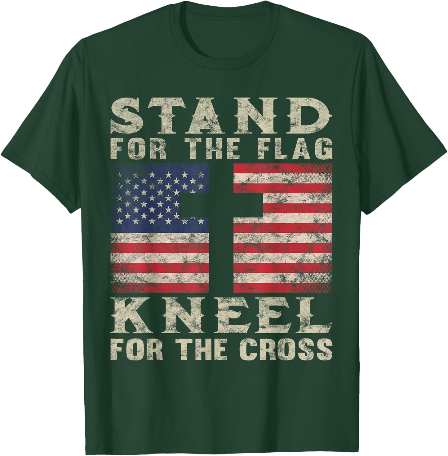 Christian Patriotic American Flag Stand Flag Kneel Cross T-Shirt - T-Shirt | Forest