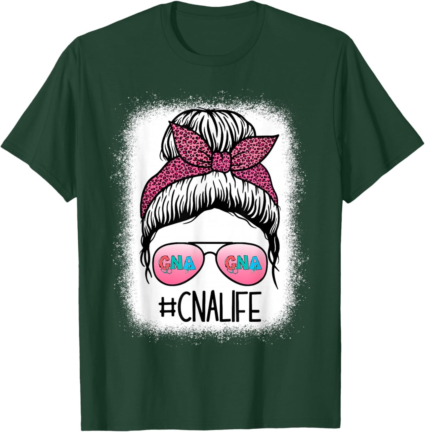 CNA Nurse Life Bleached Shirts Leopard Messy Bun Women T-Shirt - T-Shirt | Forest