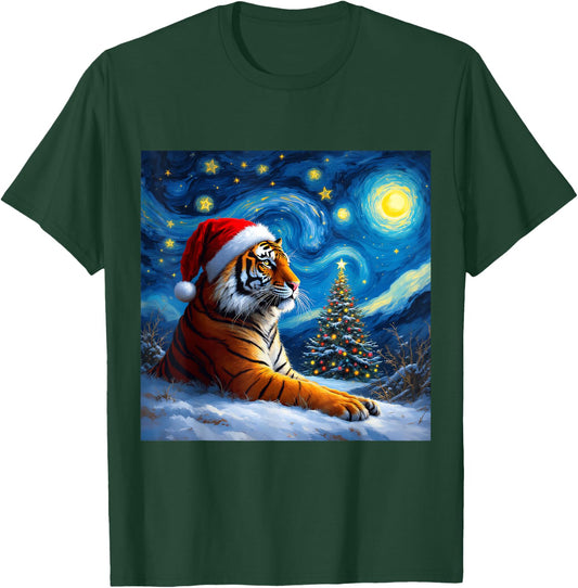 Christmas Tiger Santa Hat Van Gogh Starry Night Holiday T-Shirt - T-Shirt | Forest