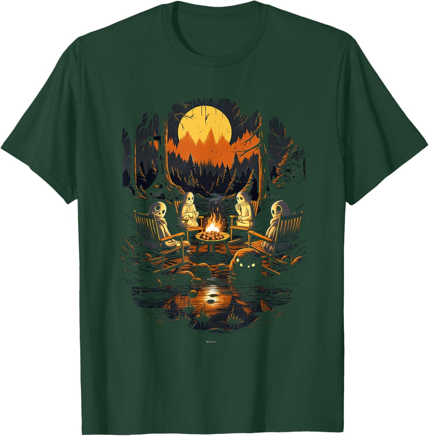 Vintage Ghost and Skeleton by Fire Camping Gothic Halloween T-Shirt - T-Shirt | Forest