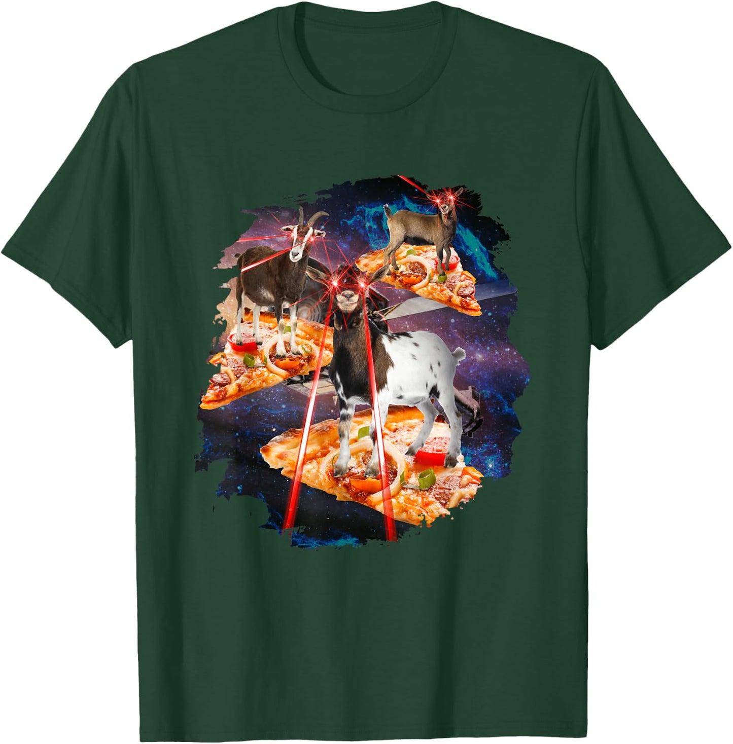 Goat with laser eyes, goats, house goat, laser space, pizza T-Shirt - T-Shirt | Forest