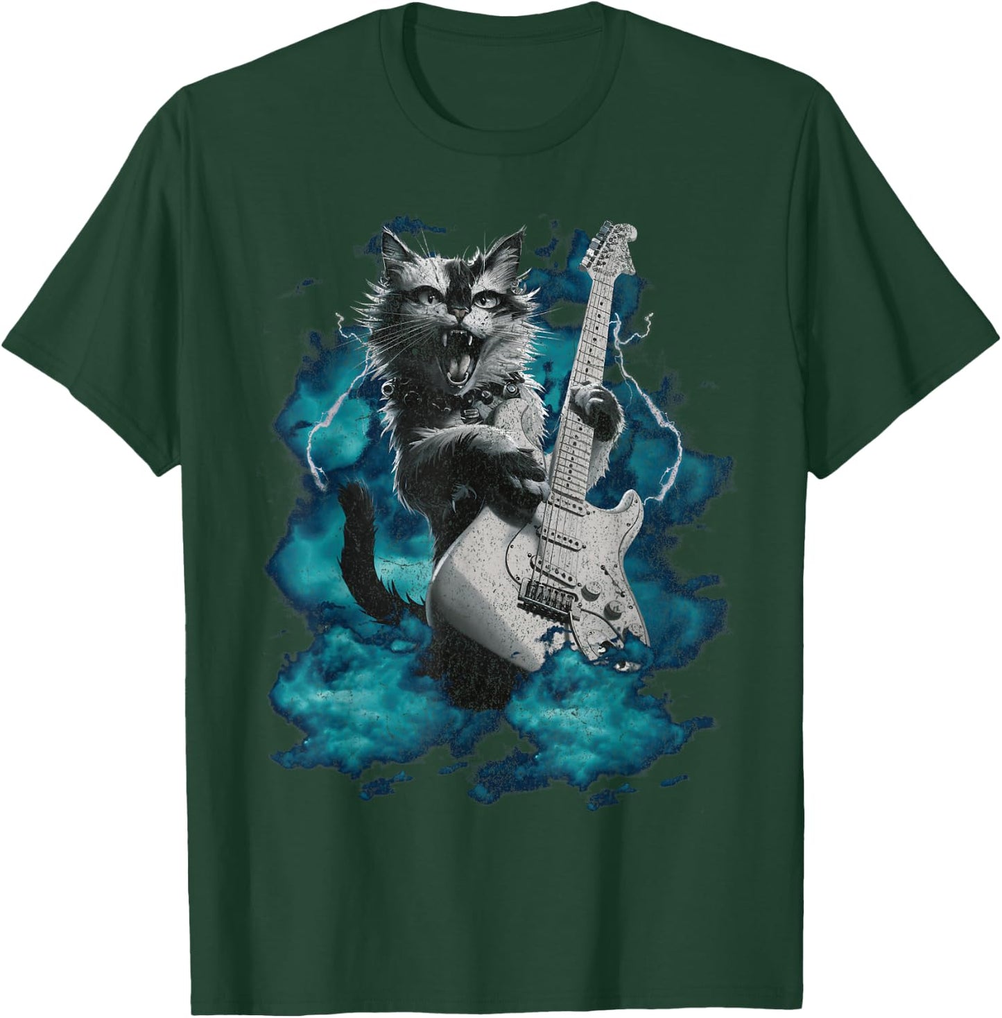 Cool Guitar Cat Kittie Rock Band Music Thunder Rockstar Men Women T-Shirt - T-Shirt | Forest