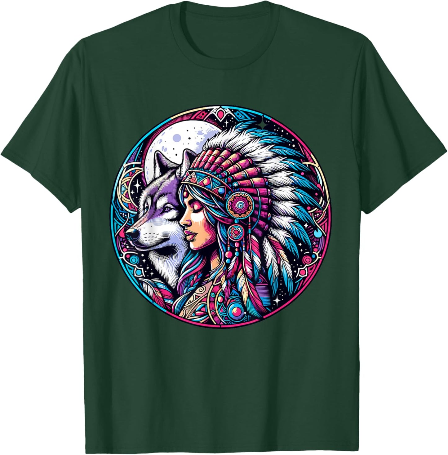 Native American Totem Woman and Wolf T-Shirt - T-Shirt | Forest
