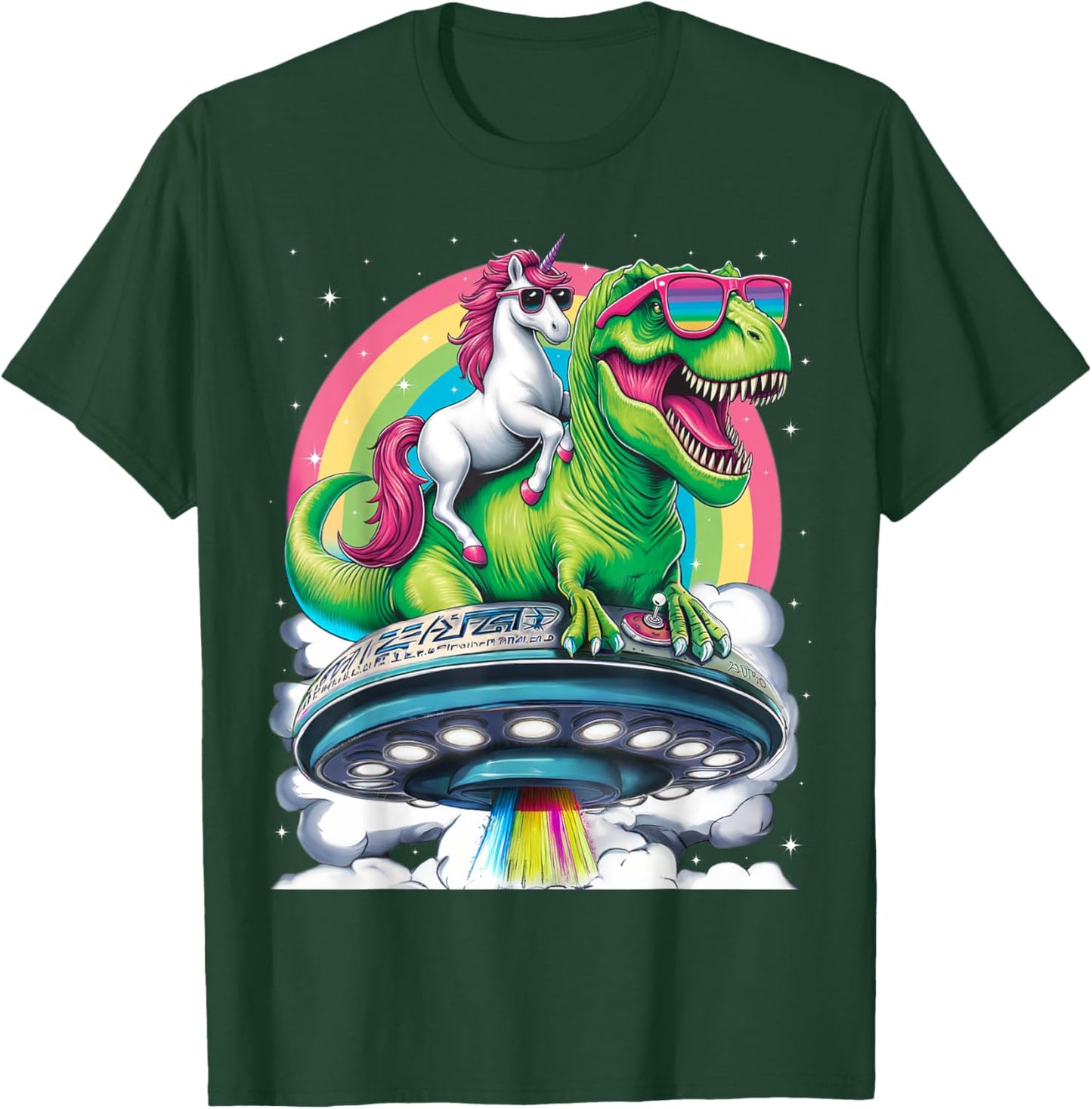 Unicorn Riding T Rex UFO Dinosaur Boy Girl Men Women Rainbow T-Shirt - T-Shirt | Forest
