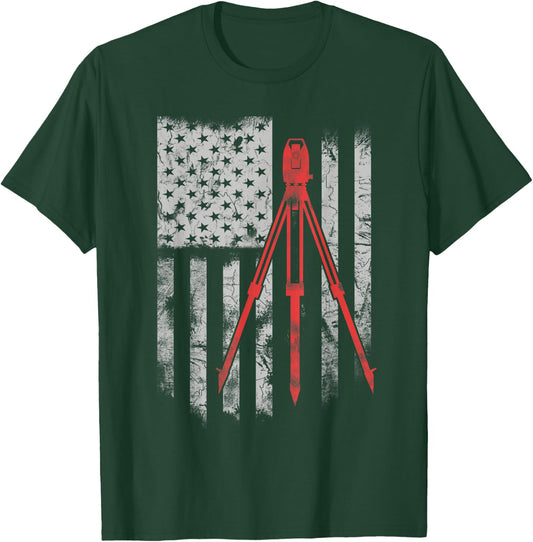 Tripod Survey Flag America 4th July Land Surveyor T-Shirt - T-Shirt | Forest