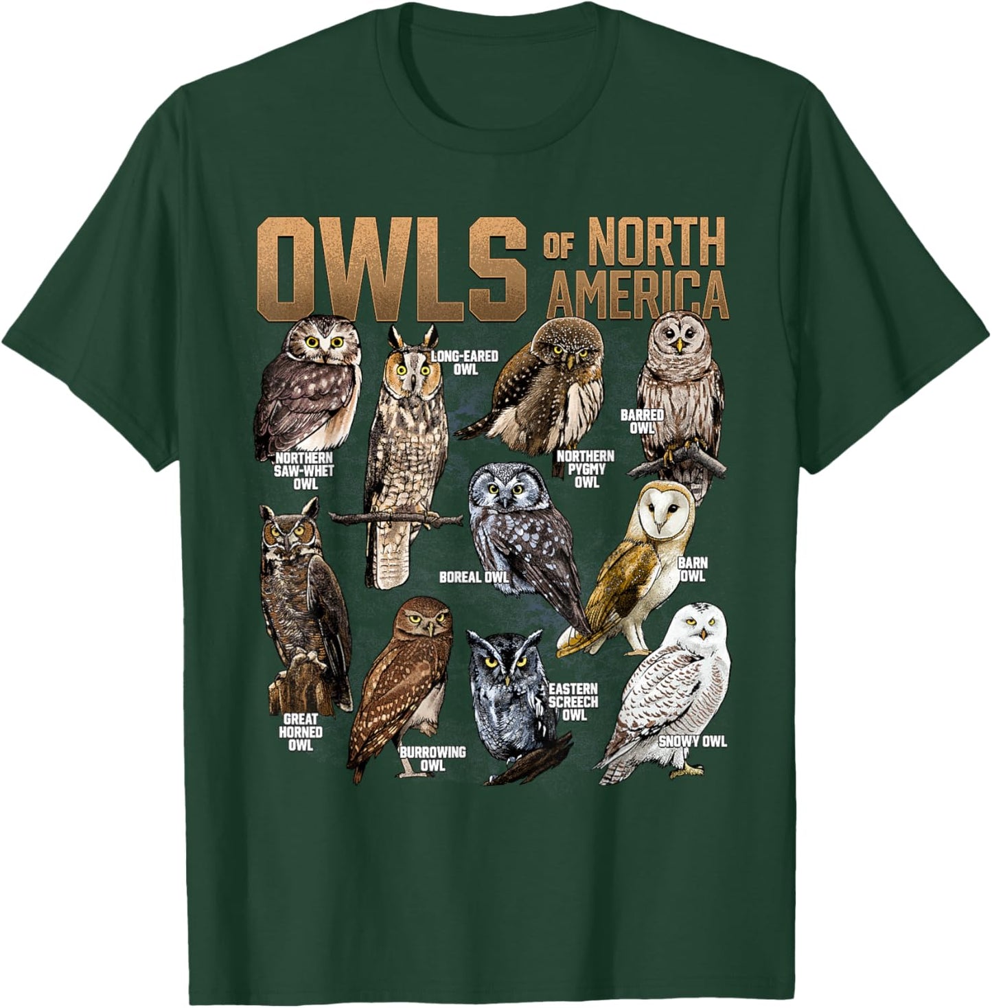 Owls of North America Nocturnal Animal Bird Lover Owl Lover T-Shirt - T-Shirt | Forest