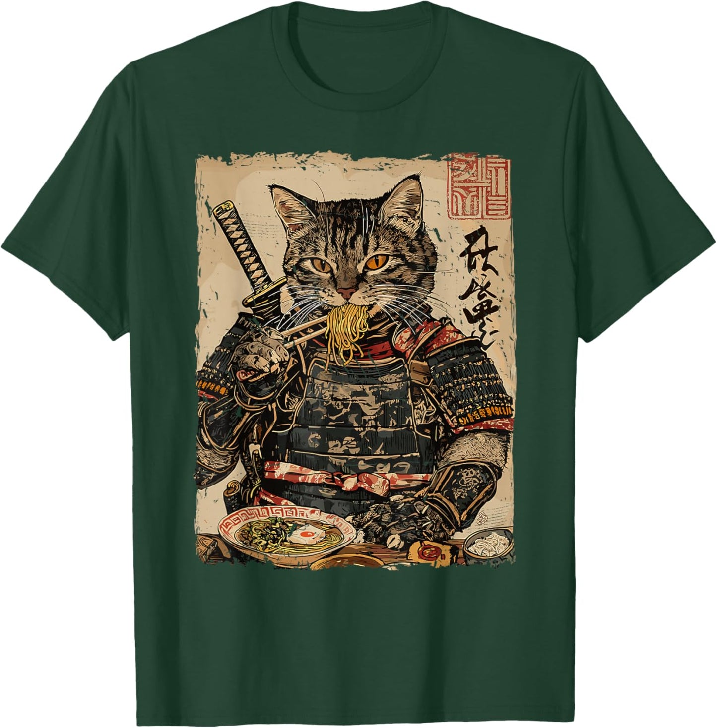 Samurai Cat Loves Ramen Funny Anime Japanese Artwork Samurai T-Shirt - T-Shirt | Forest