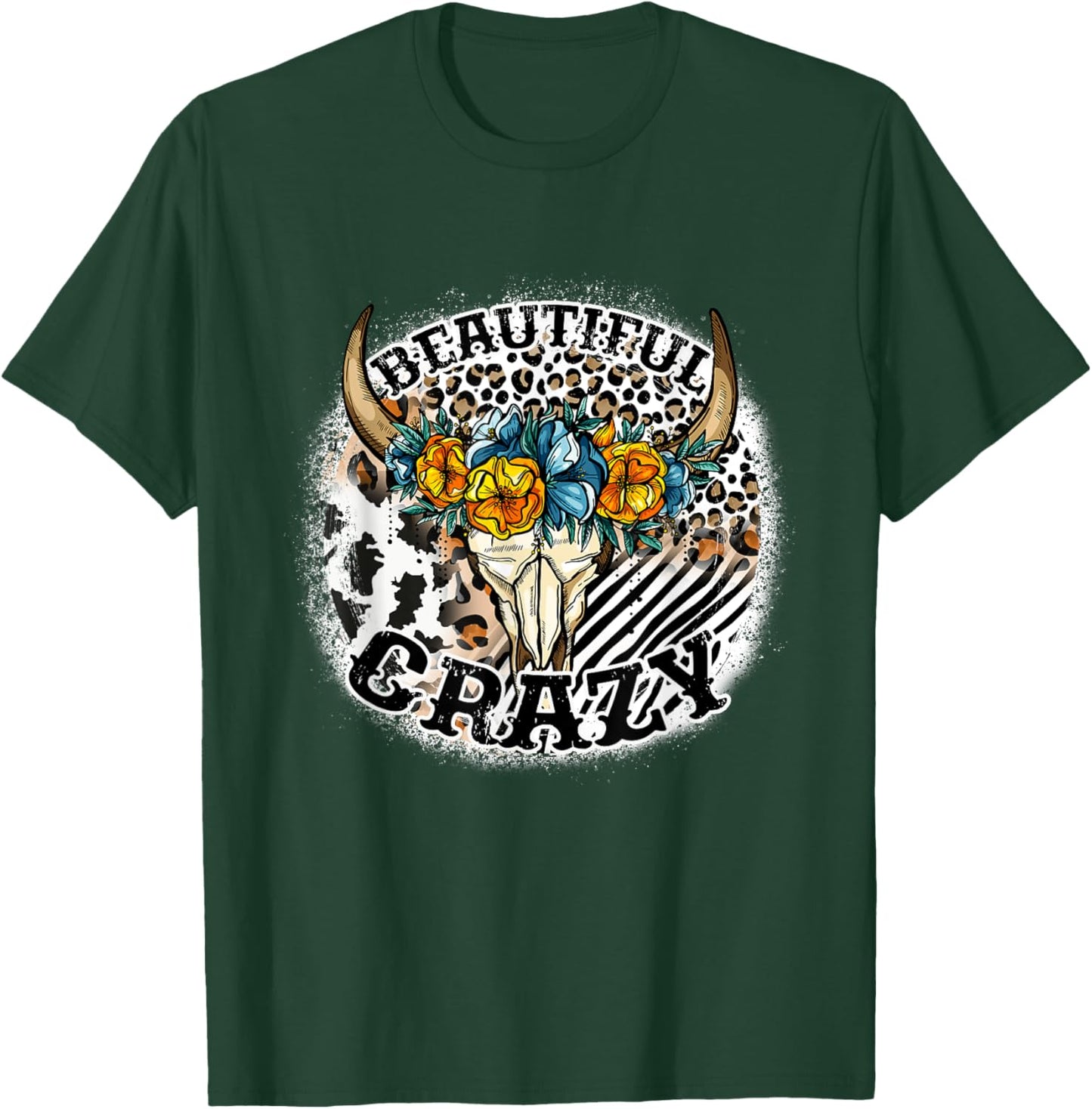 Beautiful Bull Skull Flower Crazy Cow Skull Leopard-Print T-Shirt - T-Shirt | Forest