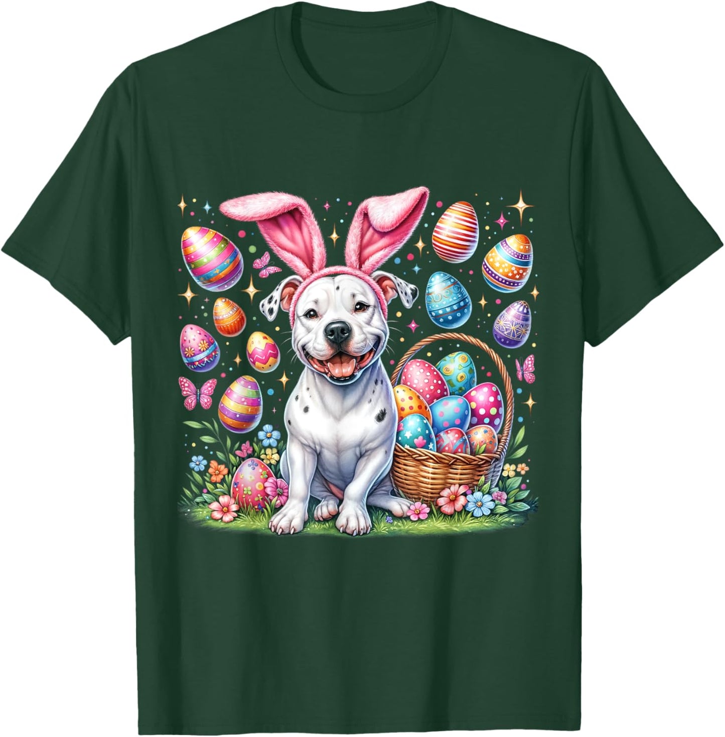 Cute Bunny Pitbull Dog Easter Eggs Basket Easter Day Delight Women Kids T-Shirt - T-Shirt | Forest