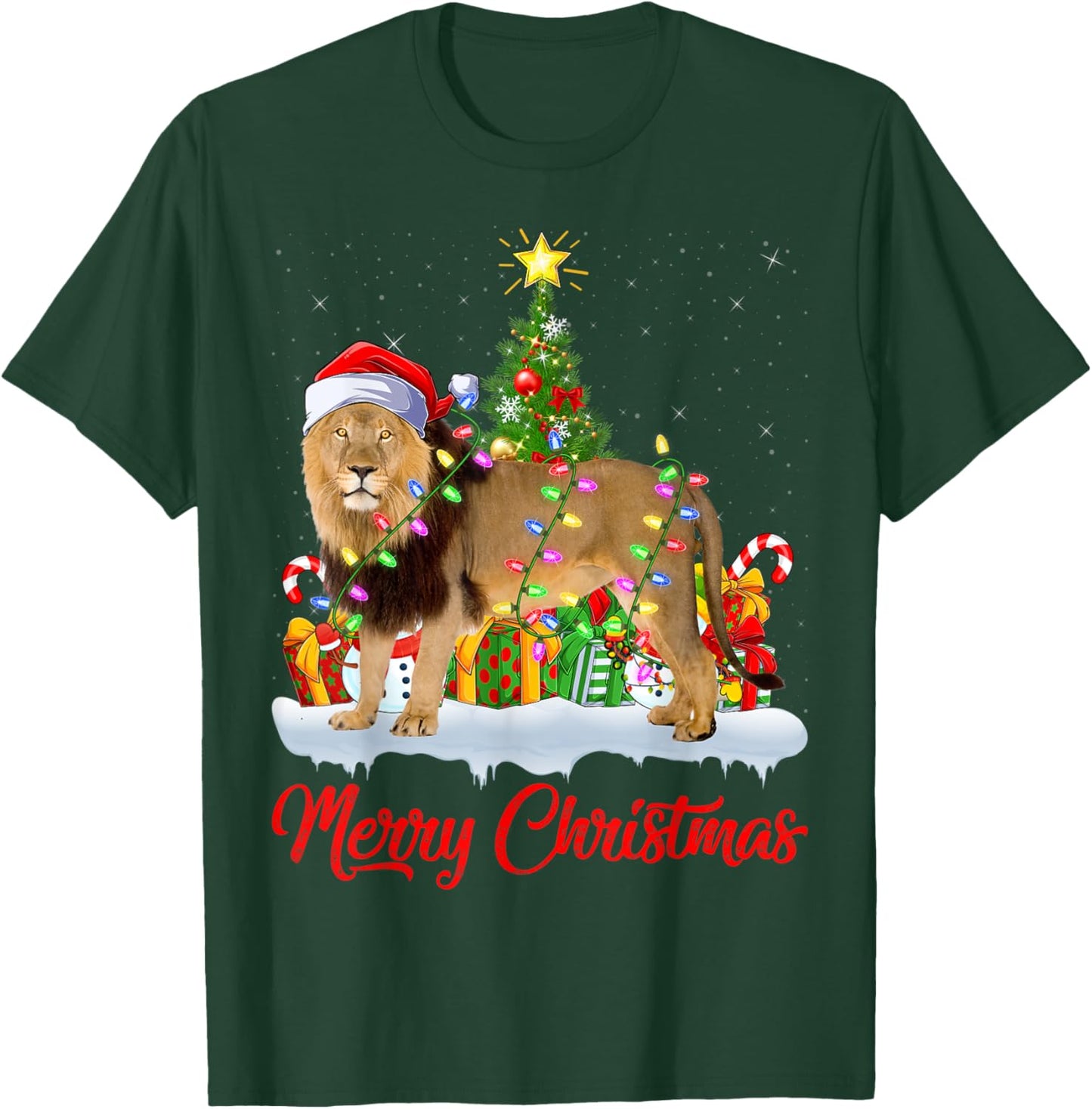 Lion Xmas Tree Lighting Santa Lion Christmas T-Shirt - T-Shirt | Forest