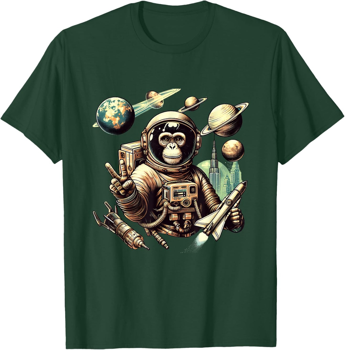 Space Vintage Travel Astronaut Monkey Holding Spaceship T-Shirt - T-Shirt | Forest