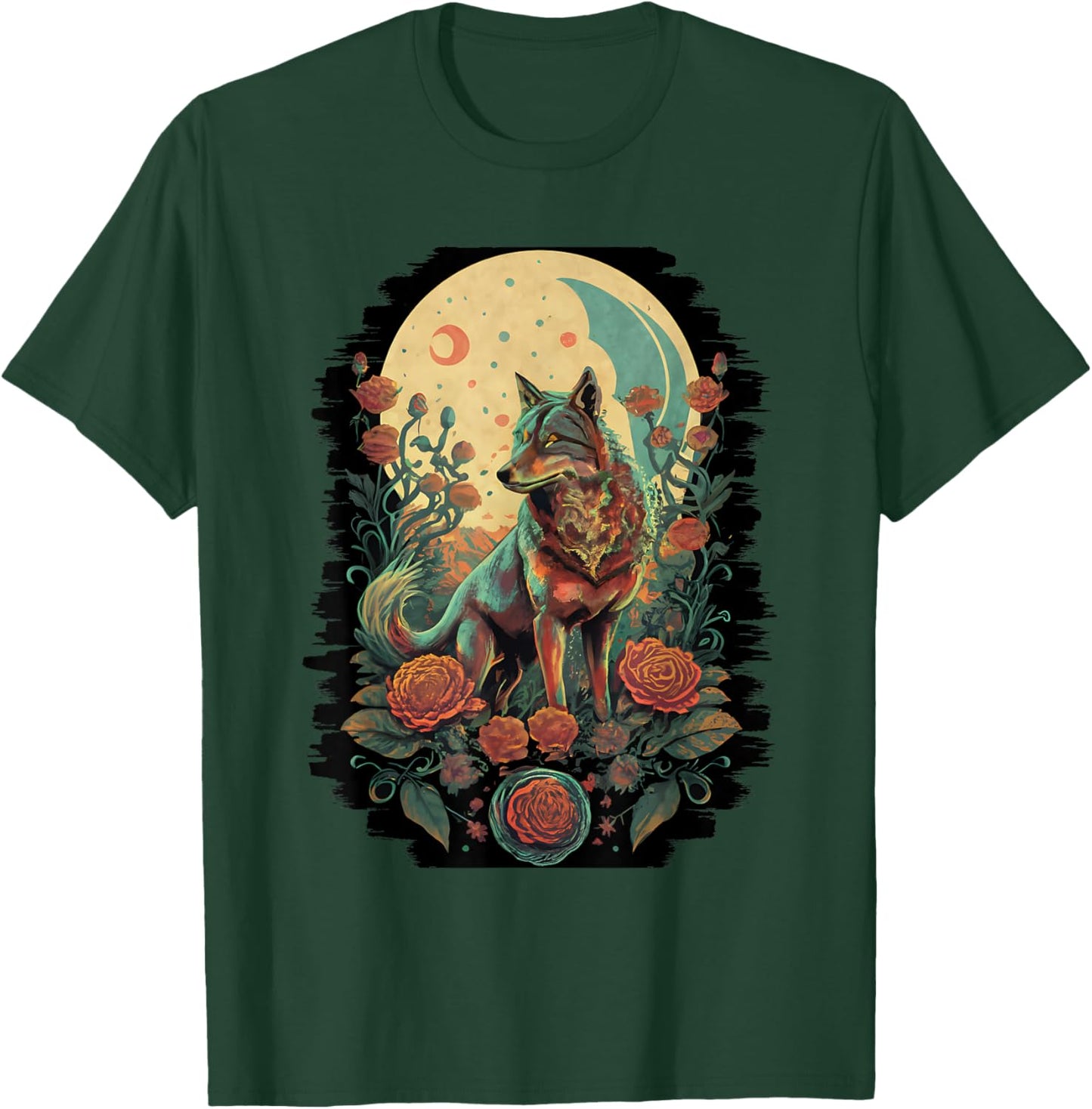 Botanical Wolf Women Roses Full Moon Children Floral Wolf T-Shirt - T-Shirt | Forest