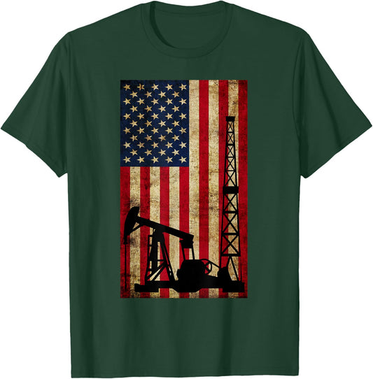 Vintage Landman USA Flag Oil Rig Pump Gas Workers Red Gifts T-Shirt - T-Shirt | Forest
