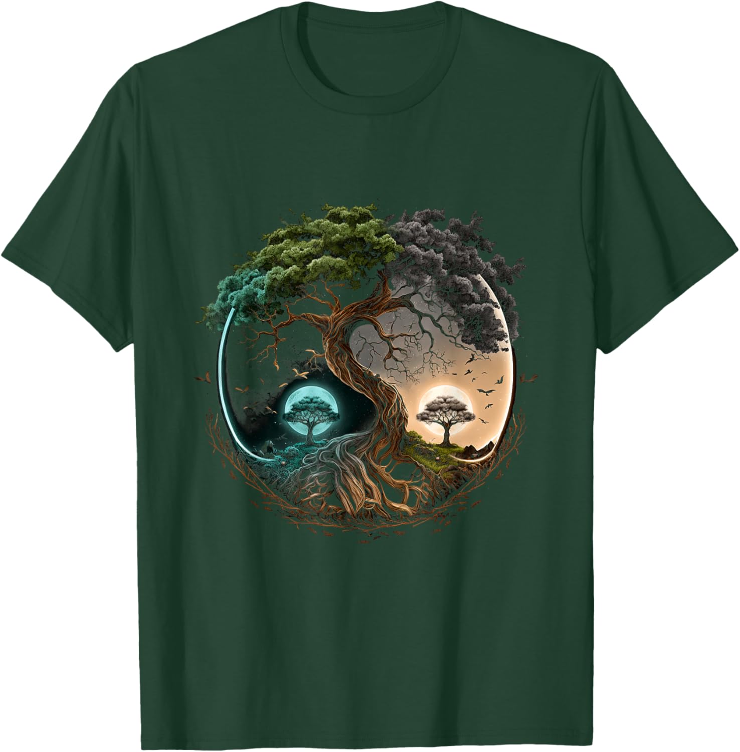 Tree Life Yin Yang Moon Sun Day And Night Bonsai Japanese T-Shirt - T-Shirt | Forest