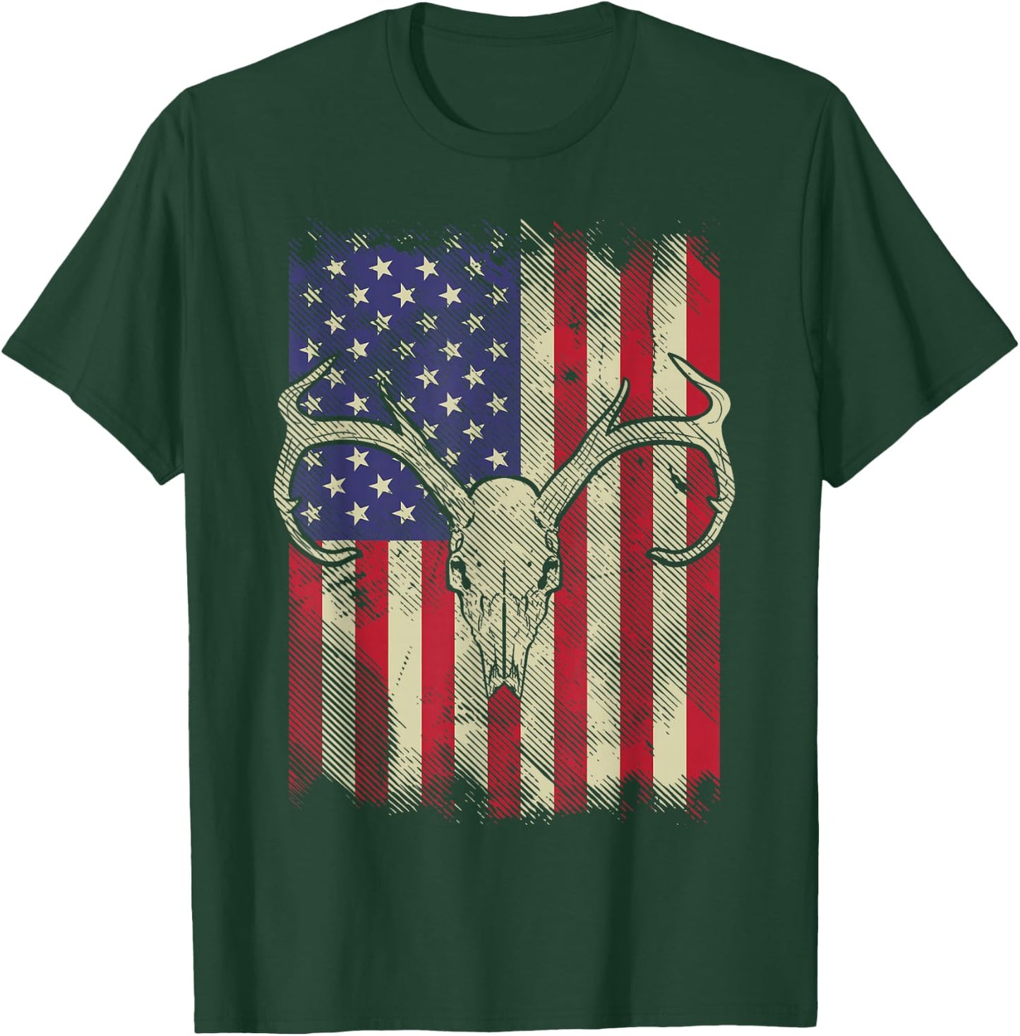 Deer Skull American Flag Hunting Vintage USA Hunter Gift T-Shirt - T-Shirt | Forest