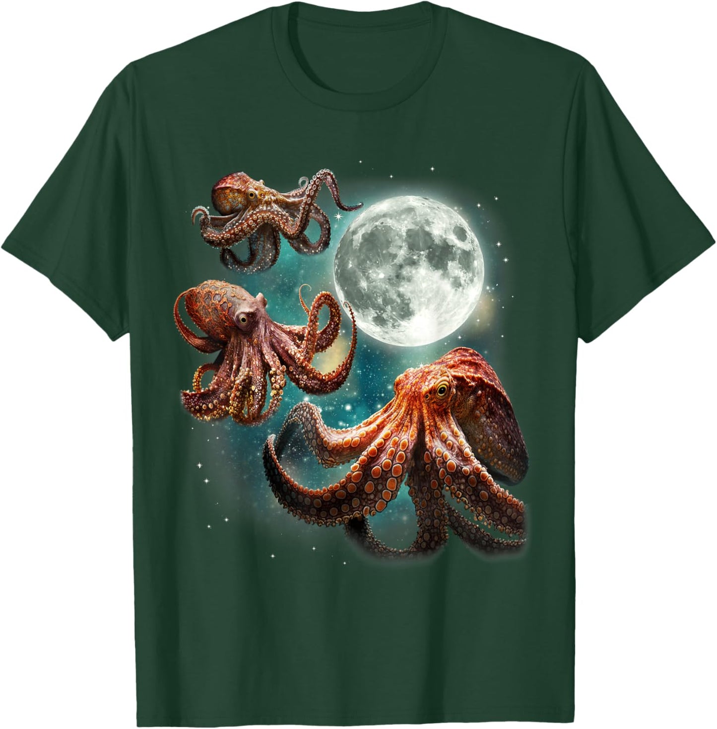 Three Octopuses 3 Moon Ocean Deep Sea Creature Wildlife T-Shirt - T-Shirt | Forest