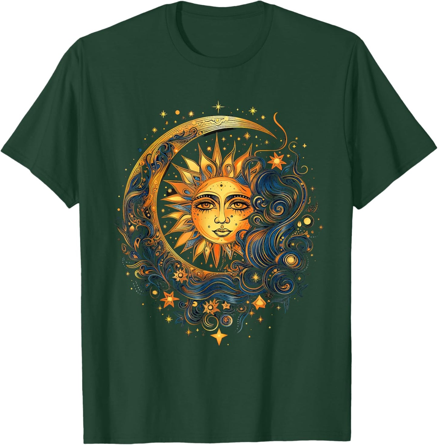 Mystical Sun and Moon with Woman Mystical Flowers Aesthetic T-Shirt - T-Shirt | Forest