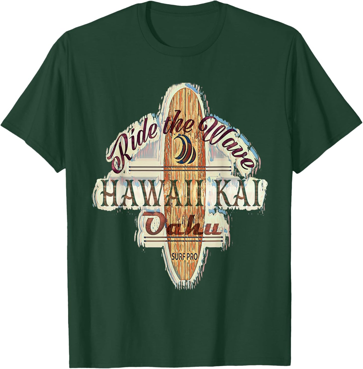Surfing, Surfboard, Distressed Longboard Hawaii Kai Oahu T-Shirt - T-Shirt | Forest