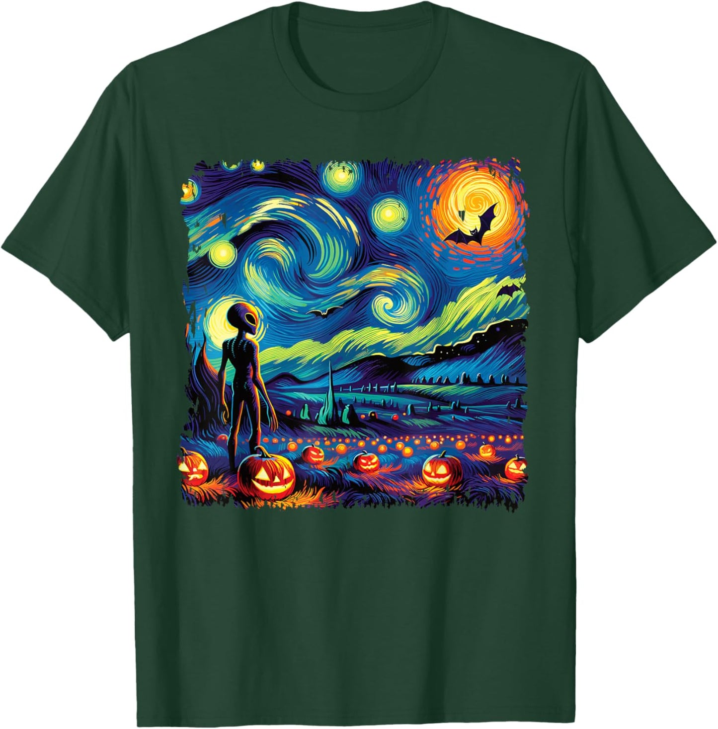 Van Gogh Starry Night Alien Man Halloween Fall Pumpkin Bats T-Shirt - T-Shirt | Forest