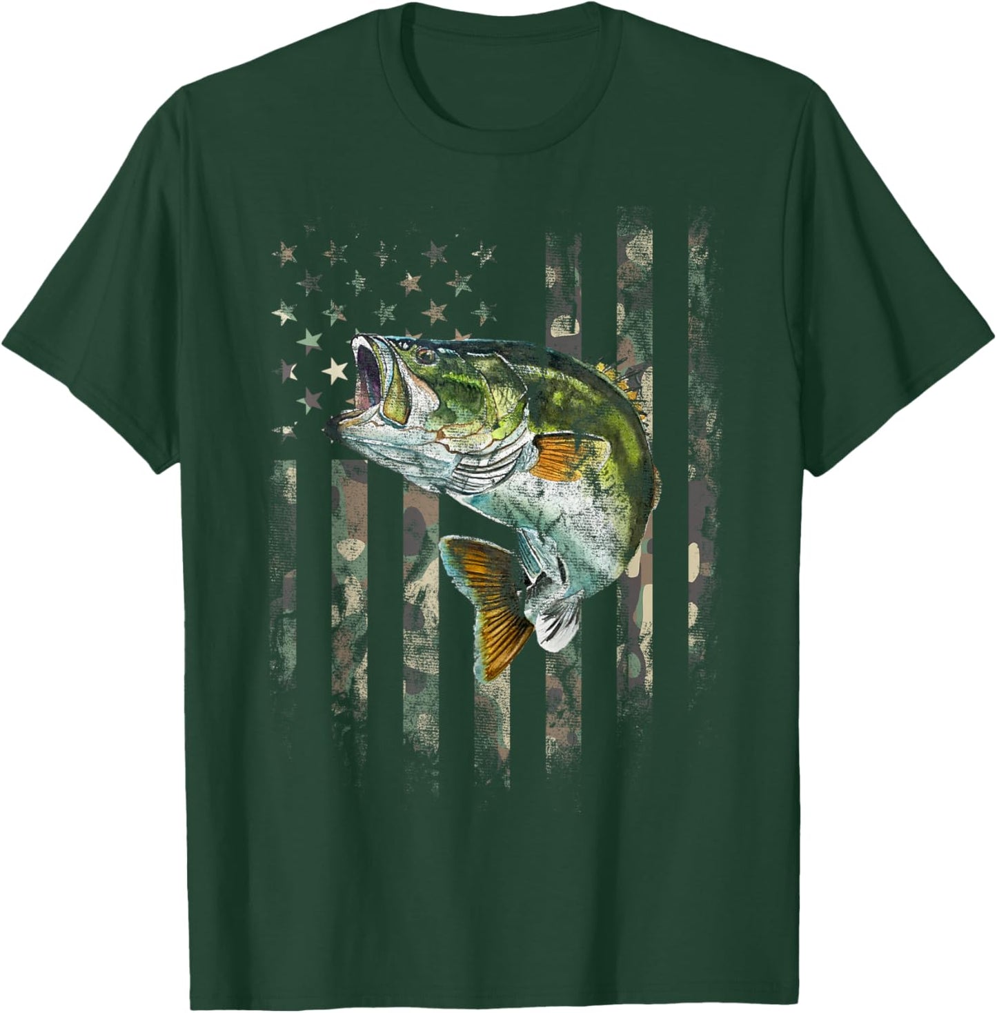 Camo American Flag Bass Fishing Fishermen Patriotic USA Flag T-Shirt - T-Shirt | Forest
