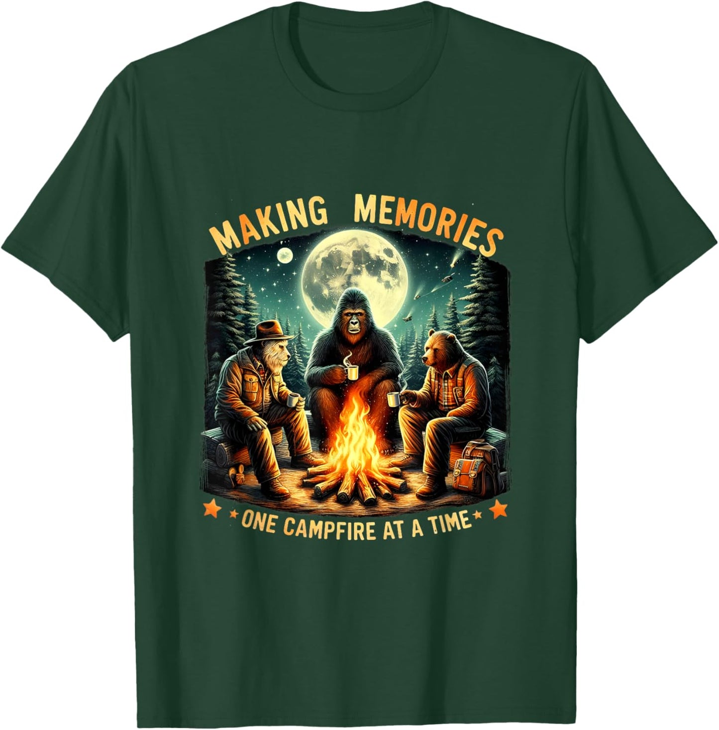 Retro Making Memories One Campfire At A Time Bigfoot Camping T-Shirt - T-Shirt | Forest
