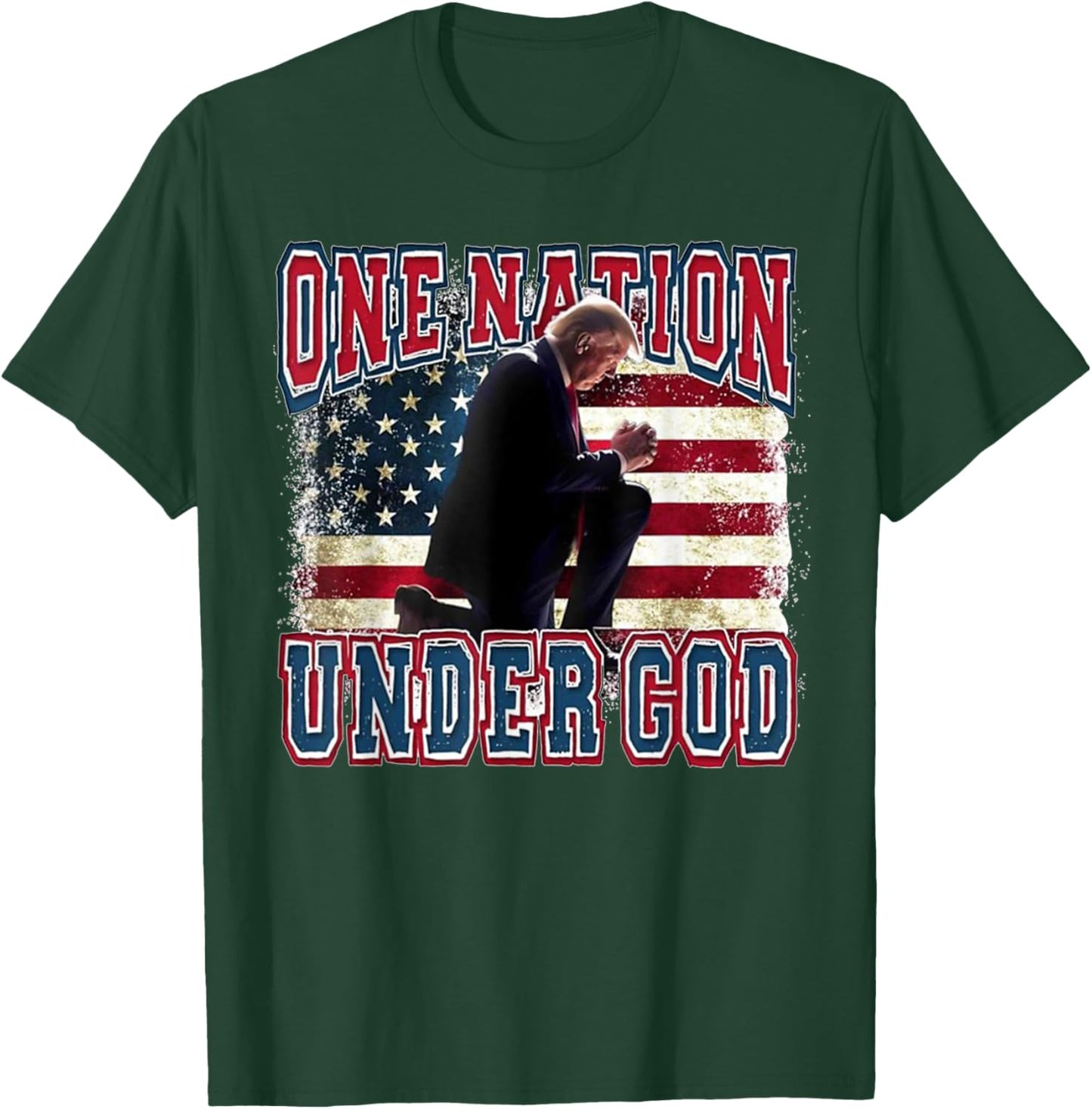 One Nation Under God Trump Pray Jesus USA Flag Distressed T-Shirt - T-Shirt | Forest