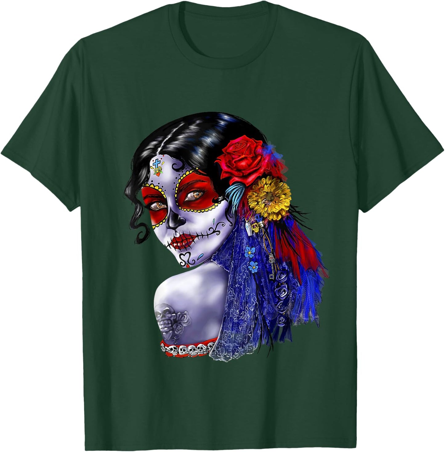 Day Of The Dead Beauty With Flowers T-Shirt - T-Shirt | Forest
