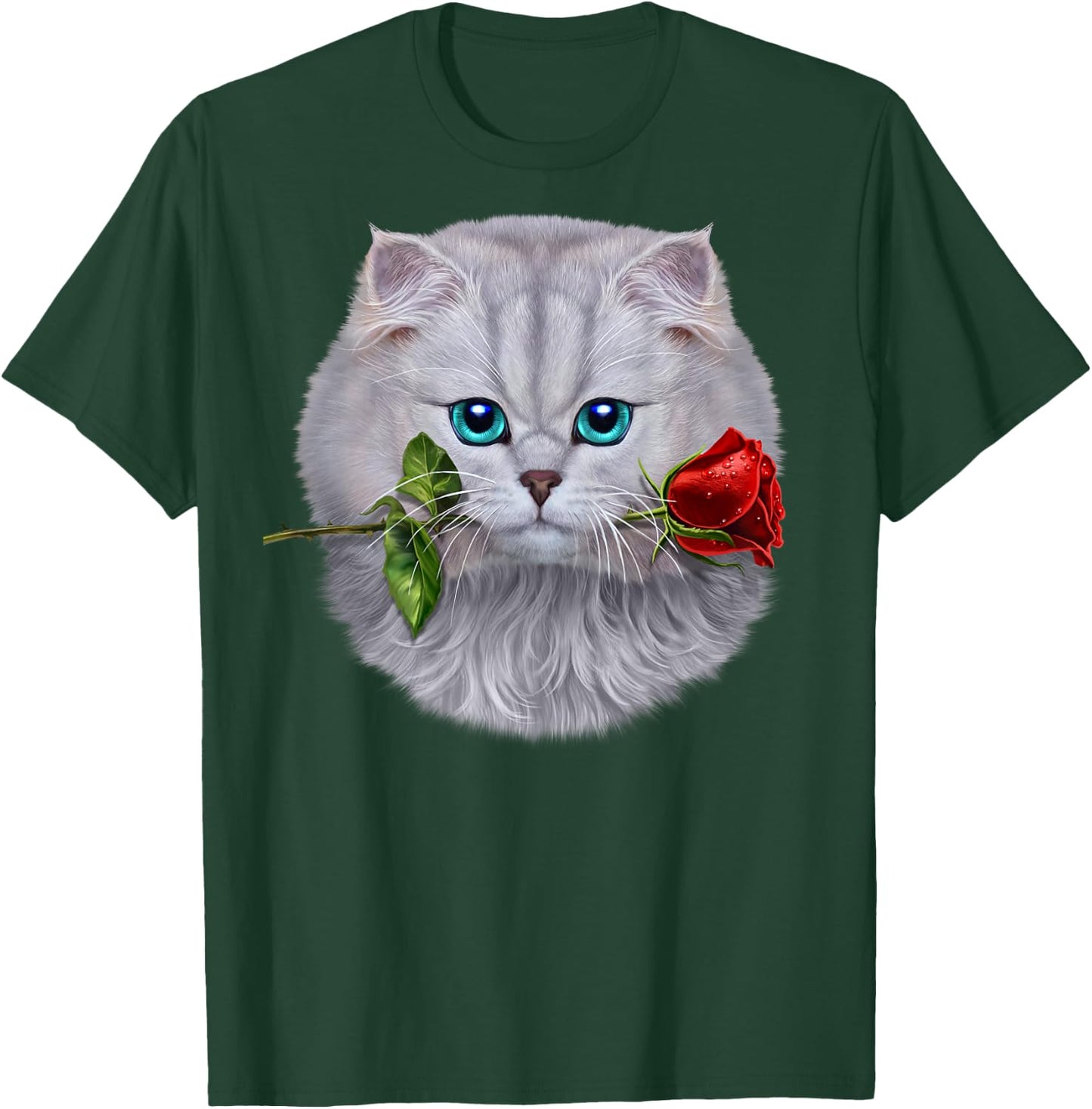 Romantic Fluffy White Cat Biting on a Rose Flower T-Shirt - T-Shirt | Forest