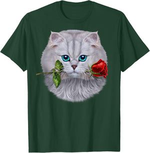 Romantic Fluffy White Cat Biting on a Rose Flower T-Shirt - T-Shirt | Forest