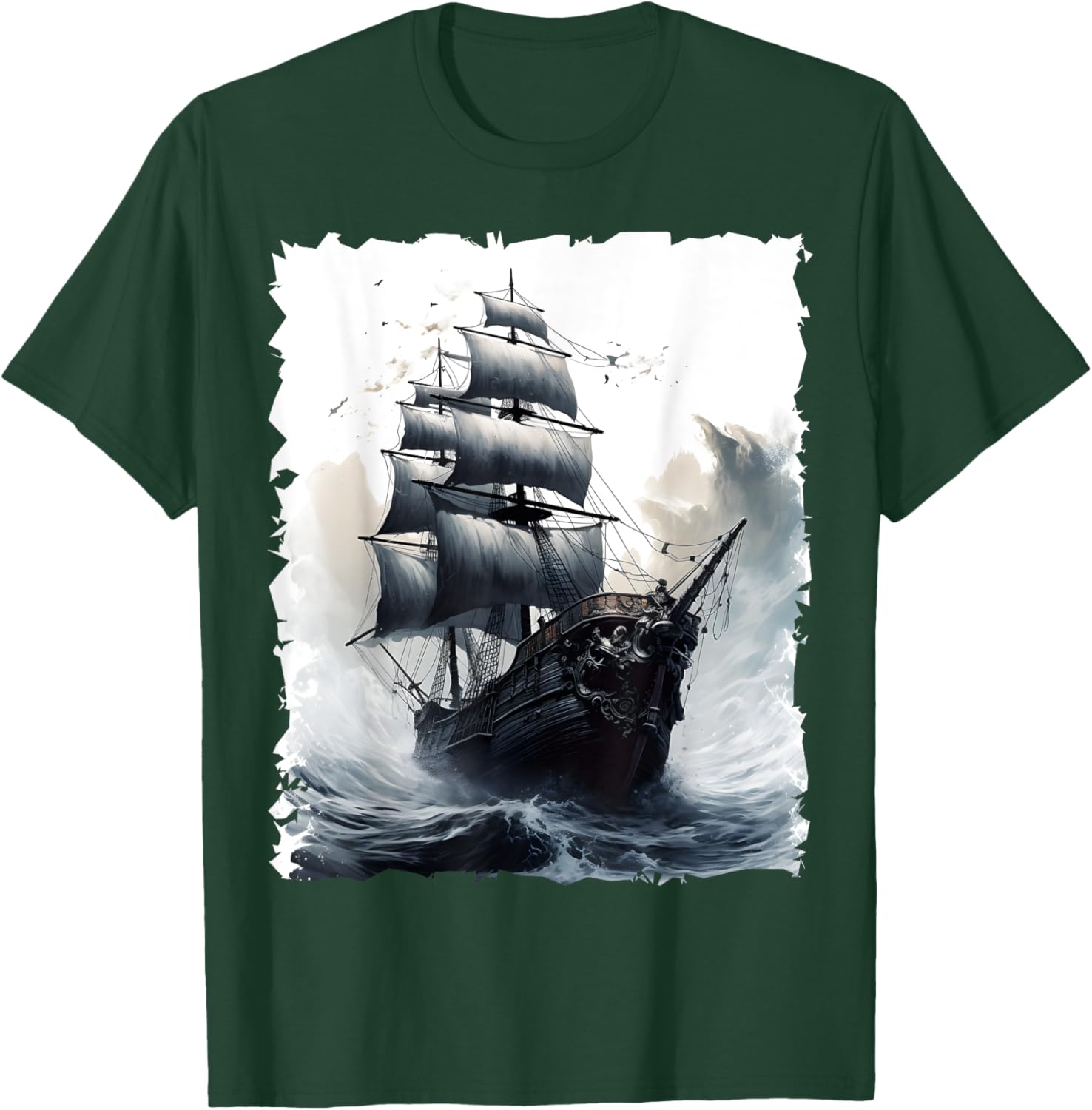 Sailing Boat Captain Pirate Ship Sailing Storm Painting T-Shirt - T-Shirt | Forest
