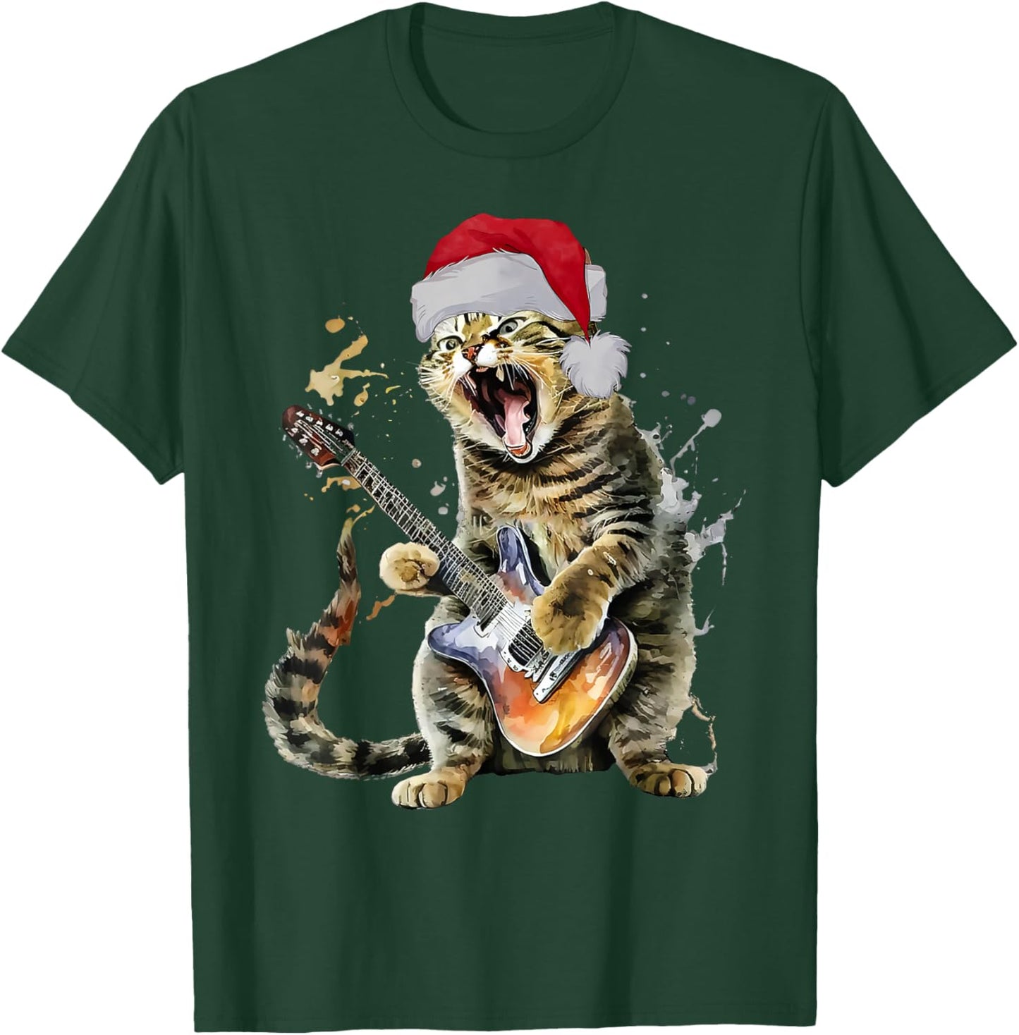 Christmas Cat Playing Guitar Musician Band Cat Lover T-Shirt - T-Shirt | Forest